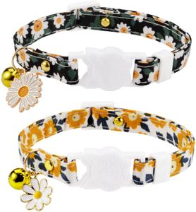 2× Katzenhalsband mit Sicherheitsverschluss und Glöckchen, süßes Gänseblümchen 17-33cm Verstellbar Komfort Doppelschicht Haustier Halsbänder für Kitten Welpen, Schwarz+Orange