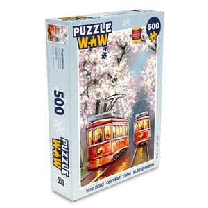 MuchoWow® Puzzle 500 Teile Gemälde - Ölgemälde - Straßenbahn - Blühender Baum - Denken - Spiel - Toy