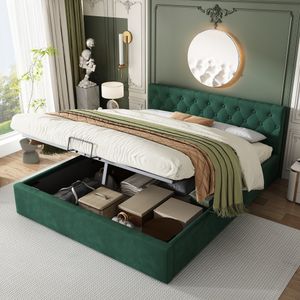 Flieks Čalúnená posteľ 140x200 cm, úložná posteľ Boxspring s úložným priestorom a lamelovým rámom, zamatová manželská posteľ Funkčná posteľ z masívneho dreva, zelená