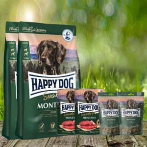2 x 10 kg Happy Dog Aktionspaket Sensible Montana + Dosen pur und Leckerli