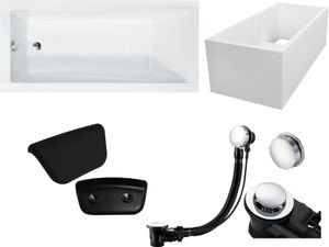 Badewanne Rechteck Set 5in1 160x70 mit Premium Ablaufgarnitur und Füßen GRATIS + Wannenträger + Kopfstütze in Schwarz | BADLAND MODERN
