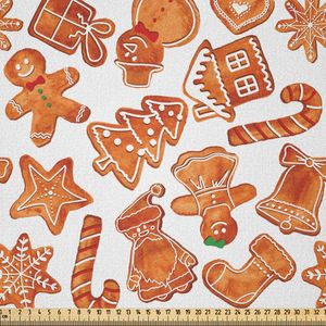 ABAKUHAUS Weihnachten Microfaser Stoff als Meterware , Lebkuchen-Mann-Haus kegelt Weihnachtsfestliches Plätzchen-Feier-Thema, 3 M (230 x 300 cm), Pale Brown und Weiß