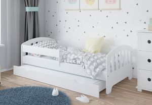 Kinderbett 80x160 | 80x180 | 90x200 cm mit Matratze, Schublade, Rausfallschutz & Lattenrost in weiß 180 x 80 Mädchen Jungen Bett