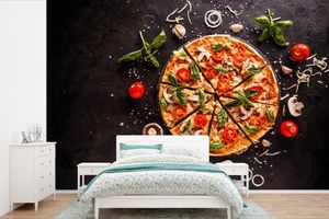 MuchoWow® Fototapety do obývacího pokoje nebo ložnice tapety vinylové motivy tapety Pizza - Zelenina - Bylinky - Kuchyně - Průmyslová 360x240cm