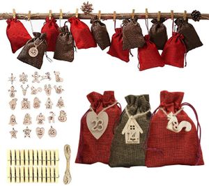 24 Adventskalender zum Befüllen, Adventskalender Stoffbeutel Säckchen mit 1-24 Sackleinen Taschen Jutesäckchen,