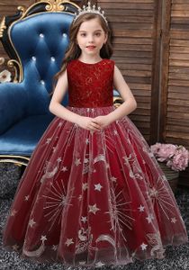 Kinder Mädchen Stickerei Kleid Abendkleid Ärmellos, Tüll, mit Sternenmuster Langes Tüll Hochzeitskleid,Partykleid Ballkleid,Rot,150