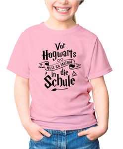 Kinder T-Shirt Mädchen Vor Hogwarts muss ich erstmal zur Schule Geschenk zur Einschulung Schulanfang Moonworks® rosa-schwarz 110-116 (5-6 Jahre)