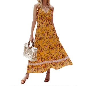 Damen Boho Floral Rüschen V-Ausschnitt Maxikleid Damen Sommer Strand Ärmelloses Kleid,Farbe: Gelb,Größe:L