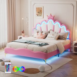 Flieks Polsterbett 140x200cm mit Lattenrost, Kinderbett mit Kronenförmigem Kopfteil, Jugendbett Doppelbett mit Led, Prinzessinnenbett Holzbett, PU