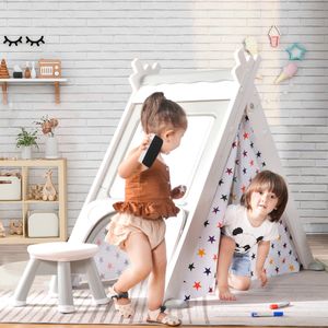 Merax Spielzelt 4in1 Multifunktion Kinderzelt klappbar Kinderhaus aus Kunststoff mit Zeichenbrett, Klettergerüst, Stuhl und Tür, Grau