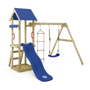 WICKEY hrací věž s prolézačkou TinyCabin s houpačkou a skluzavkou, lezeckou věží s pískovištěm, žebříkem a hracími doplňky - modrá barva