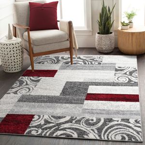 Teppich  Patchwork Design Modern Wohnzimmerteppich In Grau Rot Weiß Größe 160x220 cm