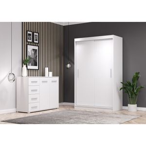 2er-Set Schwebetürenschrank Schrank Kleiderschrank ohne Spiegel Weiß/Weiß 120cm Neomi 04 mit Kommode 135cm FRIDA 01