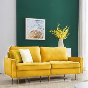Modern Samt Stoff Sofa 180cm - Gelb, Modern Velvet fabric sofa mit 2 dekorative Kissen