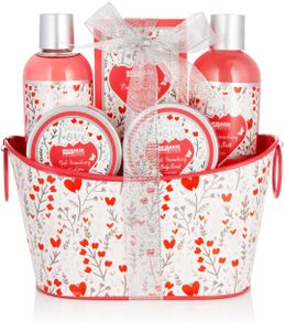 BRUBAKER Cosmetics 6-tlg. Bade- und Dusch Set Erdbeere Sweet Love im Deko Metallkorb - Pflegeset Geschenkset mit Blumen Design - Pink