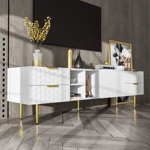 okwish TV-Schrank TV-Lowboard mit 1 Türen und 4 Schubladen, Lange 170cm, Fernsehtisch Wohnzimmerschränke TV-Möbel (offenen Fächern) mit goldenen Griffen und goldenen Füßen für Wohnzimmer, Esszimmer und Schlafzimmer, weiß