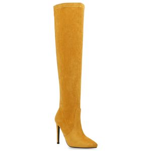 Mytrendshoe Damen Stiefel Overknees Stiletto High Heels Boots Absatzschuhe 832627, Farbe: Gelb, Größe: 37