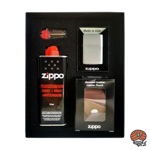 Zippo Geschenk Set, Zippo Chrom, 125ml Feuerzeugbenzin, Ledertasche, Feuersteine