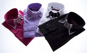 Designer Herren Hemd klassischer 3 Kragen 2 Knopf Herrenhemd Slim Fit  tailliert Langarm Schwarz Weiß Lila Pink, Farbe Hemd:Lila, Größe klassische Hemden:37 / S