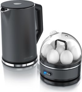 Arendo - Set Wasserkocher ELEGANT mit Eierkocher SEVENCOOK Edelstahl Grau, Wasserkocher 1,5L 40° - 100°C Warmhaltefunktion, Eierkocher 1-7 Eier, Messbecher