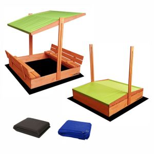 Ladanas® Sandkasten Holz- 140 x 140- mit faltbaren Bänken XXL& verstellbarem Dach- UV50- Sandkiste Kinder  & imprägniert & Sonnendach  (grün)