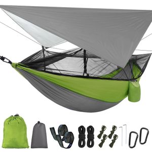 Topchances Camping Hängematte mit Moskitonetz und Tarp, Reise Zeltplane für Outdoor,Wandern,Trekking (Grau+Grün)
