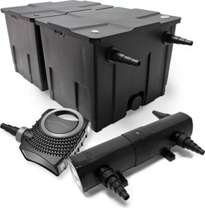 Kompletní sada Wiltec: jezírkový filtr CBF-350B do 60000 l jako průtokový filtr, jezírkové čerpadlo NEO10000 SuperECO 10000l/h 80W, jezírkový odkalovač CUV-236 UVC odkalovač s 36W