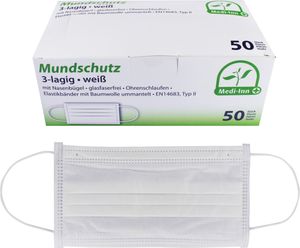 Medi-Inn® 50 "Medi-Inn®" Mundschutz Type II 3-lagig 9 cm x 17,5 cm weiss mit Nasenbügel | Faltschachtel (50 Stück)