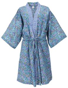 Kimono im Japan Style, Oversize Kimono Mantel, Kimonokleid - Blau, Damen, Baumwolle, Lange & Midi-Kleider