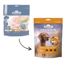 Dehner Premium Hundesnack, Leckerli getreidefrei / fettarm, Calciumknochen für ausgewachsene Hunde, mit Hühnerbrustfilet umwickelt, 500 g
