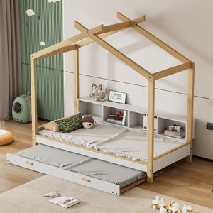 Merax Kinderbett 90x200cm mit Ausziehbett 90x190cm und Regal, Hausbett mit Lattenrost, Massivholz Tagesbett Einzel- und Doppelbett Schiebebett, Natur