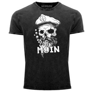 Herren Vintage Shirt Moin Kapitän Totenkopf Anker Bart Hamburg Printshirt T-Shirt Aufdruck Used Look Neverless® schwarz M