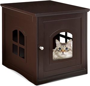 COSTWAY Cat House Litter Box s magnetickými dvířky, malý Pet House Cat Litter Box Wood, Cat Cabinet Pet House Pet House 49x53x53cm (Brown)