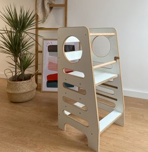 Lernturm Küchenhelfer, dreifach verstellbare Höhe verfügbar in natur, schwarz und weiß | 85cm Gesamthöhe Montessori Learning Tower ab 1 Jahr weiß