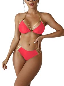 Frauen Verstellbares Gurt Badeanzug Sommerferien Low Taille Bikini Sets Rückenfreie Badebekleidung Rosa,Größe XL