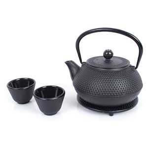 Echtwerk Teeservice Gusseisen Teekanne 1,1 L Teebereiter inkl. Untersetzer 2 Teetassen Teekannen-Set Vintage-Design, Farbe:Schwarz