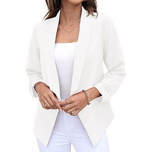 Damen Langarm Einfarbig Blazer Fashion Leicht Mantel Revers Cardigan Business Jacke Herbst  Weiß,Größe:L