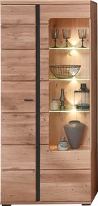 Vitrinenschrank mit Esche Massivholzfront inkl. LED-Beleuchtung STAVEN-36 mit Absetzungen in schwarz matt, B/H/T ca. 90/203/38 cm