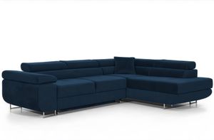 Narożnik z funkcją spania PASTI w kształcie litery L, sofa rozkładana z pojemnikiem na pościel, narożnik, sofa rozkładana, sofa z funkcją spania niebieska otomana prawa
