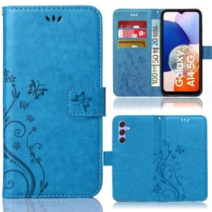 Handy Tasche für Samsung Galaxy A14 / A14 5G Bookstyle Flower Handy Hülle Schutzhülle mit Kartenfächer und Standfunktion in Blau