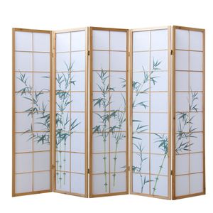 Homestyle4u 266, Paravent Raumteiler 5 teilig, Holz Natur, Reispapier Weiß, Bambus Motiv Grün