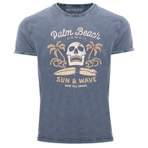 Neverless® Herren T-Shirt Surf-Motiv Totenkopf Palm Beach Vintage Shirt blau XL