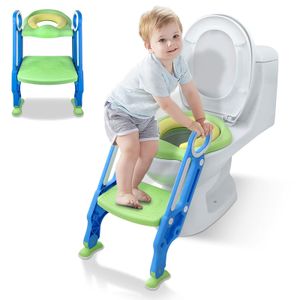 VA-Cerulean Toilettentrainer Toilettensitz kinder mit treppe für 1-7 jährige Töpfchentraining Toiletten-Trainingssitz, klappbar und höhenverstellbar, Blau+Grün