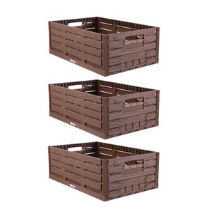 Stabile Faltbox "3er Pack" Holzdesign 60 x 40 x 21,8cm ( LxBxH ) Stapelbarer Faltbarer Einkaufskorb 45L - Robuste Klappkiste - Gemüsekiste Obstkiste
