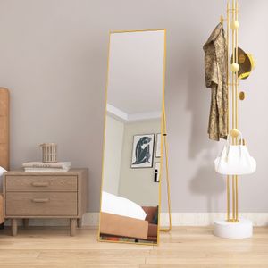 Fortuna Lai Standspiegel Ganzkörperspiegel mit Golden Metallrahmen 140x40cm, HD Groß Garderobenspiegel Rechteckiger Hochspiegel für Wohnzimmer oder Ankleidezimmer, Golden