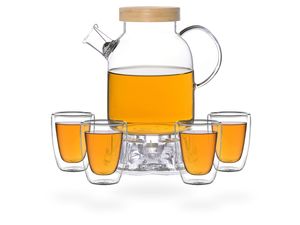 Kira Teeset / Teeservice / Teekanne Glas 1,6 liter mit Tüllensieb, Bambusdeckel, Stövchen und 4 doppelwandige Teegläser je 200ml