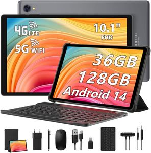 Tablet 10 Zoll mit Tastatur und Maus TOSCIDO, Octa-Core, 36GB+128GB(1TB TF), Android 14, 1920*1200 FHD, 4G LTE/SIM/5G WIFI, 8000mAh, 13MP+5MP, Grau