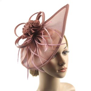 Frauen Fascinator Stirnband Feder Mesh Blume Einfarbig Vintage Bowler Hut Hochzeit Haarspange Tea Party Hut für Abschlussball Bankett-Staubrosa