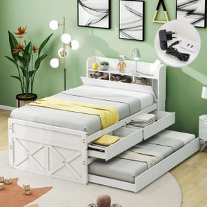 Flieks Jugendbett 90x190cm mit USB, Tagesbett Massivholzbett mit Ausziehbett, Einzelbett mit Lattenrost und 2 Schubladen, Klassisches Bett, Weiß