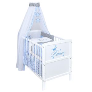 Baby-Delux Babybett Kinderbett Gitterbett Natalie Prince 140×70 Weiß inkl. 10-tlg Komplett Bettset Prince Stars